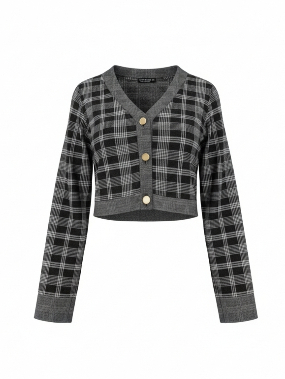 Cropped Grey Plaid Blazer-Cardigan with Gold Buttons
